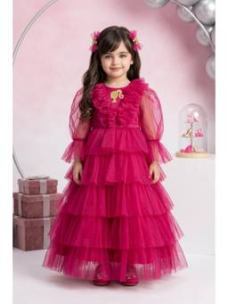 TINY GIRL - Barbie Three Fourth Sleeves Barbie Character Layered Dress- Hot Pink