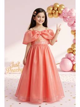 TINY GIRL - Peach Barbie Woven Cold Shoulder Placement Printed Dress
