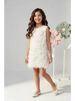 TINY GIRL - Sleeveless Fur Detailed Flower Applique Dress- White