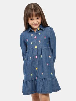 Nautinati - Girls Floral Embroidered Gathered Pure Cotton Shirt Dress