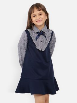Nautinati - Girls Checked Shirt Collar Ruffled Drop Waist Dress