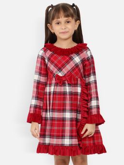 Nautinati - Girls Checked Ruffled Pure Cotton A-line Dress