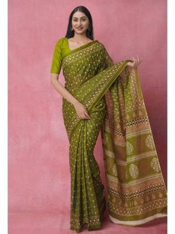 Unnati Silks - Green Pure Block Printed Cotton Saree with Unstitched Blouse