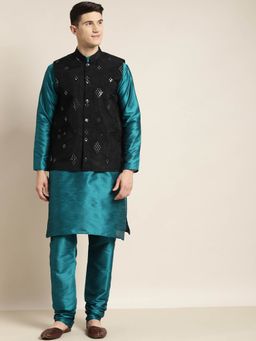 SOJANYA - Men Silk Blend Green Kurta & Churidar Pyjama with Mirror Work Nehru Jacket (Set of 3)