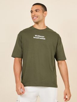 Styli - Mens Olive Puff Front & Back Print Heavy Jersey Oversized Cotton Tee