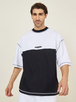 Styli - Mens Colorblock Boxy Cotton Tee with Minimal Embroidery