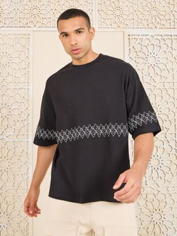 Styli - Mens Black Premium Interlock Boxy Fit Silver Embroidery Cotton Tee