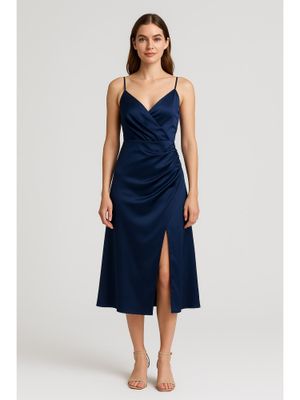 cider solid satin slit midi dress Satin Dresses