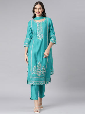 Sea Green Embroidered Straight Kurta Trousers Set