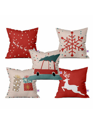 Crazy Corner - Satin Multicolour Reindeer Christmas Printed Cushion Covers For Home Decor - Set Of 5