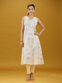 Cotton Culture - Off White Printed Cotton A-Line Sleeveless Kurta