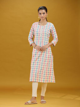 Cotton Culture - Beige Geometric Printed Cotton Straight Kurta
