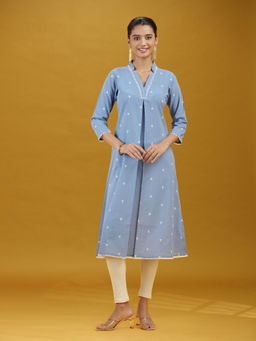 Cotton Culture - Blue Printed Cotton A-Line Kurta Elegant V-Neck