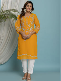 VEDANA - Thread Embroidered Georgette Kurta with Lining - Mustard
