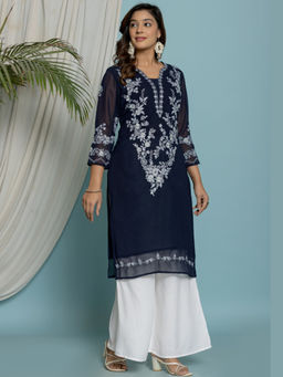 VEDANA - Thread Embroidered Georgette Kurta with Lining - Navy Blue
