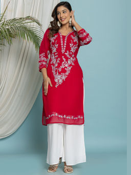 VEDANA - Thread Embroidered Georgette Kurta with Lining - Pink