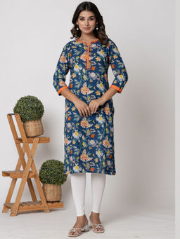 VEDANA - Cotton Printed Straight Kurta with Katha Work- Blue