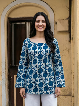 KAFTANIZE - Blue Floral Printed With Adjustable Back Dori Kurti