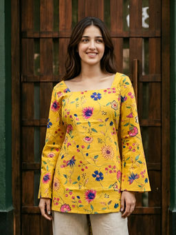 KAFTANIZE - Yellow Floral Printed With Adjustable Back Dori Kurti