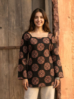 KAFTANIZE - Black Floral Printed With Adjustable Back Dori Kurti