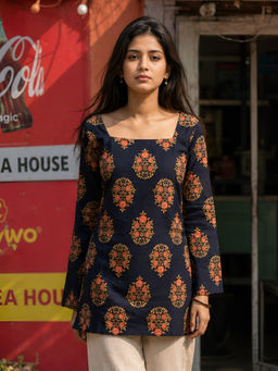 KAFTANIZE - Navy Blue Floral Printed With Adjustable Back Dori Kurti