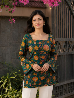 KAFTANIZE - Green Floral Printed With Adjustable Back Dori Kurti