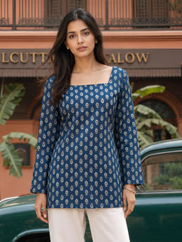 KAFTANIZE - Blue Floral Printed With Adjustable Back Dori Kurti