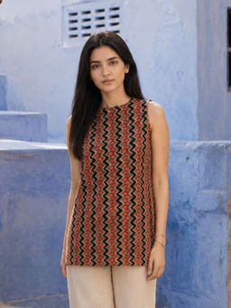 KAFTANIZE - Red Geometric Printed With Side Tie-Knot Kurti