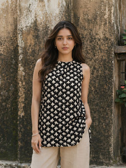 KAFTANIZE - Black Printed With Side Tie-Knot Kurti