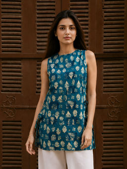 KAFTANIZE - Teal Floral Printed With Side Tie-Knot Kurti