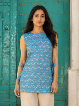 KAFTANIZE - Blue Floral Printed With Side Tie-Knot Kurti