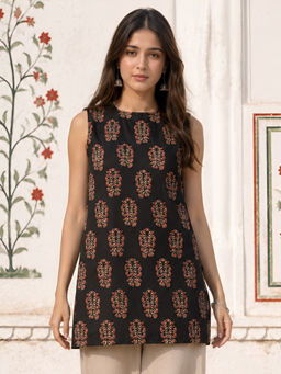 KAFTANIZE - Black Floral Printed With Side Tie-Knot Kurti