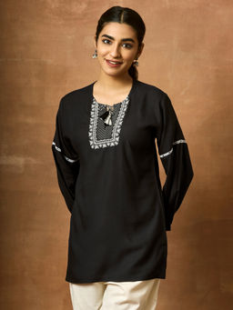 Women Plus - Black Embroidered Keyhole Neck Tunic