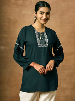 Women Plus - Blue Embroidered Keyhole Neck Tunic