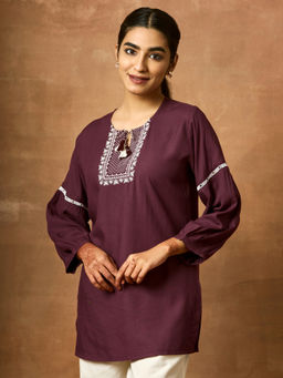 Women Plus - Maroon Embroidered Keyhole Neck Tunic