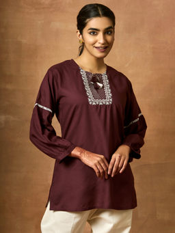 Women Plus - Wine Embroidered Keyhole Neck Tunic