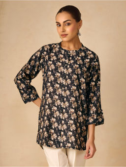 Women Plus - Black Floral Mandarin Neck Tunic