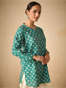 Women Plus - Green Floral Mandarin Neck Tunic