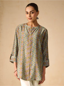 Women Plus - Multi-Color Printed Mandarin Neck Tunic