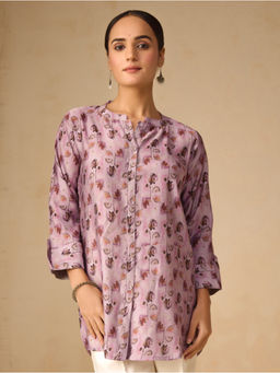 Women Plus - Pink Floral Mandarin Neck Tunic