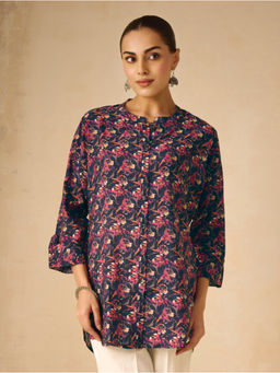 Women Plus - Wine Floral Mandarin Neck Tunic