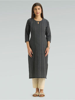 Women Plus - Grey Printed Keyhole Neck Kurta