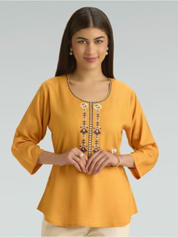 Women Plus - Mustard Embroidered Round Neck Top