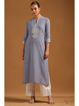 Soch - Blue Embroidered Mandarin Neck Kurta