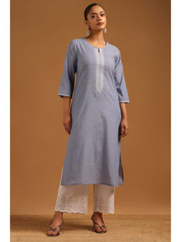 Soch - Blue Embroidered Round Neck Kurta