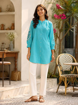 Nayam by lakshita - Blue Embroidered Mandarin Neck Kurti