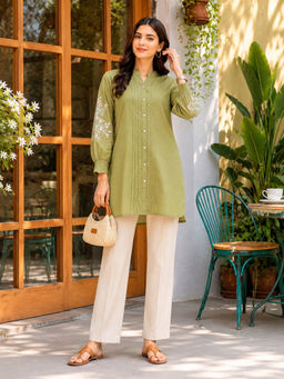 Nayam by lakshita - Green Embroidered Mandarin Neck Kurti