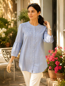 Nayam by lakshita - Blue Embroidered Mandarin Neck kurti