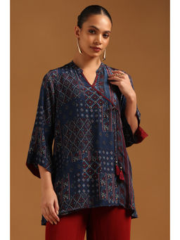 Soch - Navy Blue Printed Mandarin Neck Tunic