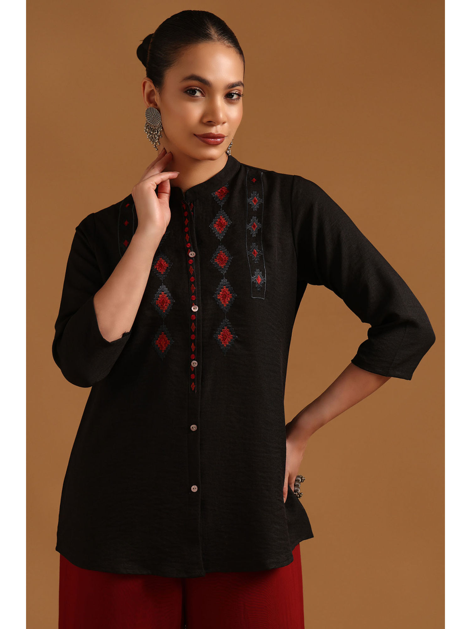 Black Embroidered Mandarin Neck Tunic-image-31